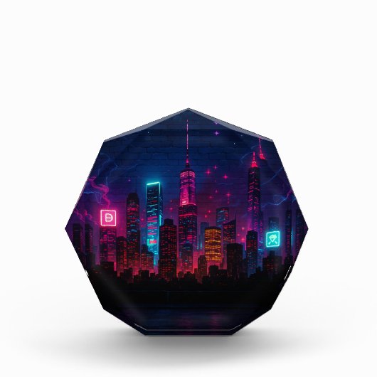 Neon City Skyline: Retro-Futurism Fotoblokken (Voorkant)