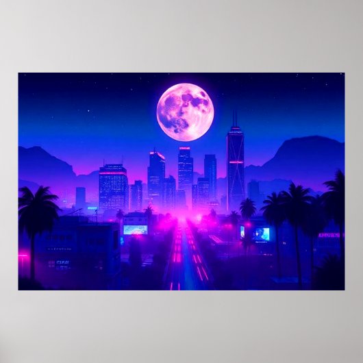 Neon City Synthwave Sunset XL Area Rug Poster (Voorkant)