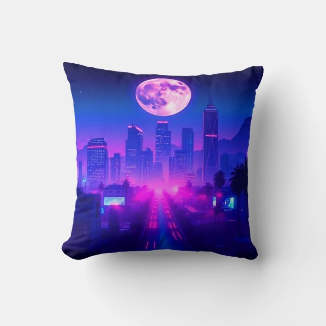 Neon City Synthwave Zonsondergang XL Vloerkleed Kussen (Voorkant)