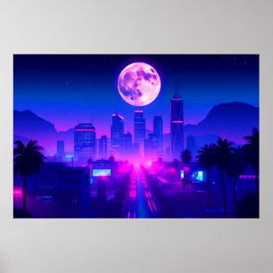 Neon City Synthwave Zonsondergang XL Vloerkleed Poster