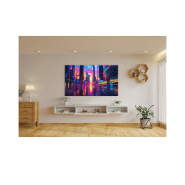 Neon Cityscape bij Sunset Futuristic Urban Foto Afdruk