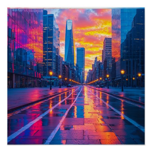 Neon Cityscape bij Sunset Futuristic Urban Perfect Poster (Voorkant)