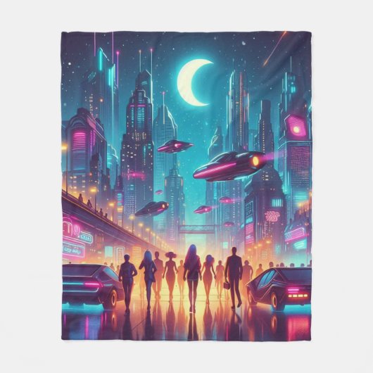 Neon Cityscape Fleece Deken (Voorkant)