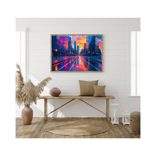 Neon Cityscape Reflections bij Sunset Futuristic Foto Afdruk