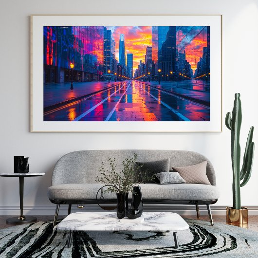 Neon Cityscape Reflections bij Sunset Futuristic Foto Afdruk
