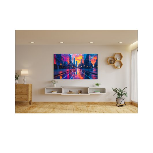 Neon Cityscape Reflections bij Sunset Futuristic Foto Afdruk