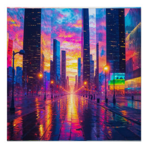 Neon Cityscape Reflections bij Sunset Futuristic Perfect Poster