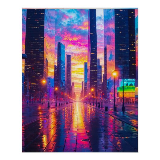 Neon Cityscape Reflections bij Sunset Futuristic Perfect Poster (Voorkant)