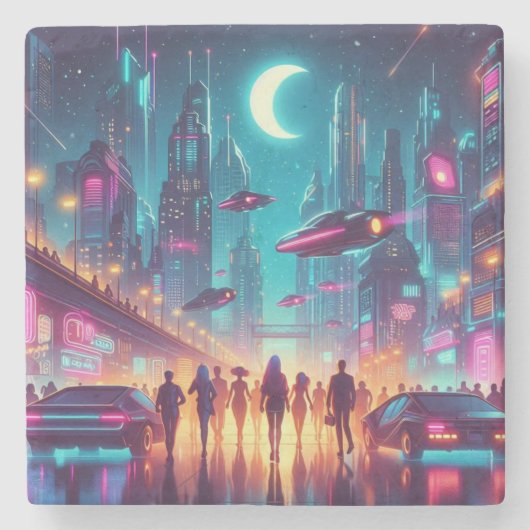 Neon Cityscape Stenen Onderzetter (Voorkant)