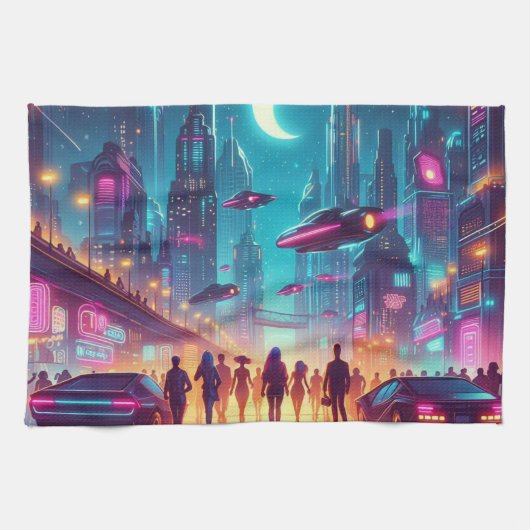 Neon Cityscape Theedoek (Horizontaal)