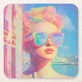 Neon Coastal Beauty met zonnebril Kartonnen Onderzetters
