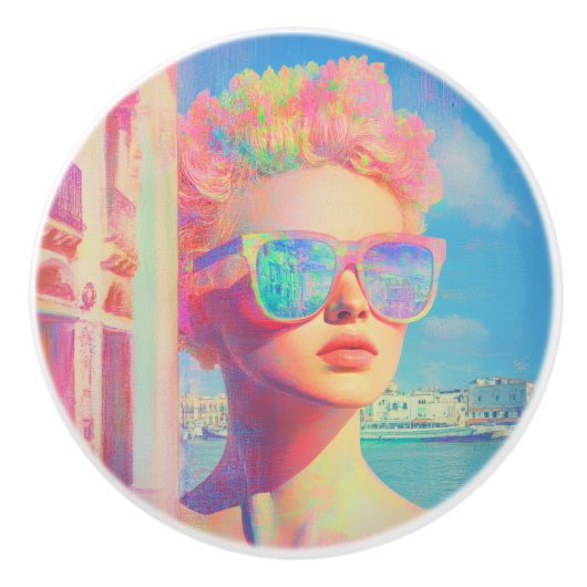 Neon Coastal Beauty met zonnebril Keramische Knop (Voorkant)