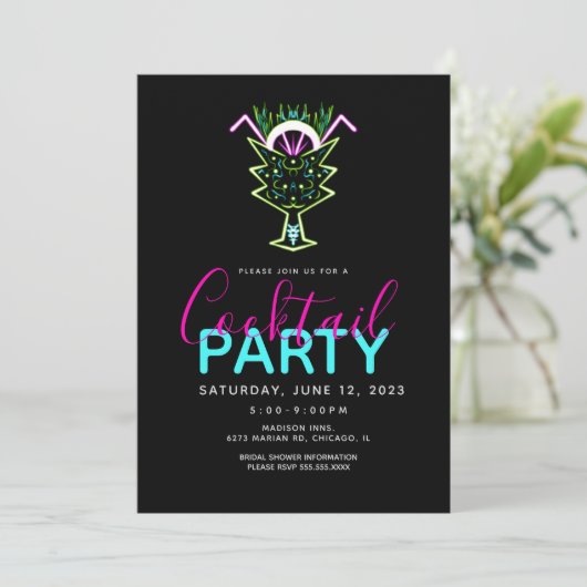 Neon Cocktail Art Feest Uitnodiging (Staand voorkant)