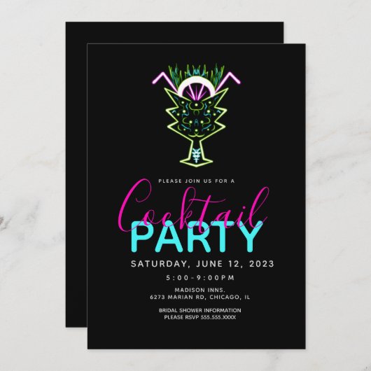 Neon Cocktail Art Feest Uitnodiging (Voorkant / Achterkant)