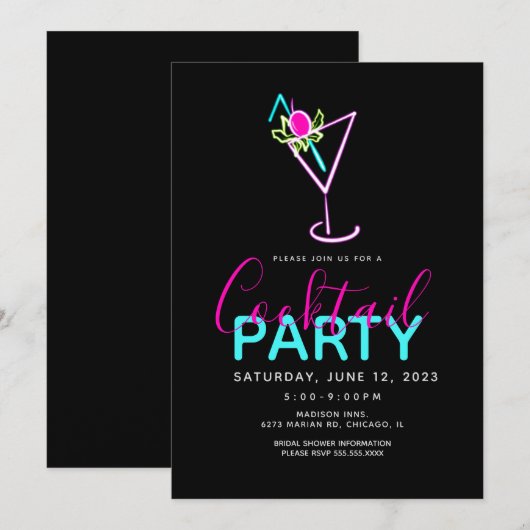 Neon Cocktail Modern Art Party - Uitnodiging (Voorkant / Achterkant)