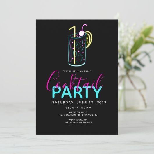 Neon Cocktail Mojito Art Party - Uitnodiging (Staand voorkant)