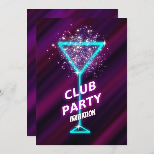 Neon-Cocktail Night Club Party Invitation (Voorkant / Achterkant)