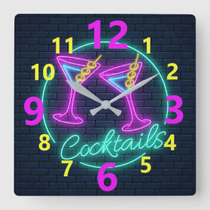 Neon Cocktails Sign Square Wall klok