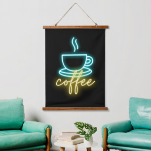 Neon Coffee-symbool en tekst Hangend Wandkleed