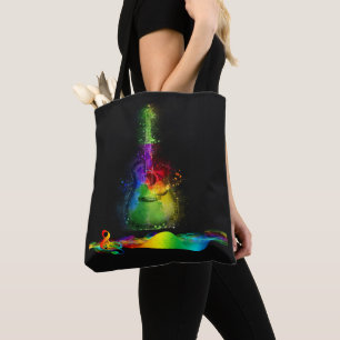 Neon Color Guitar en Music Note on Black Canvas ta Tote Bag