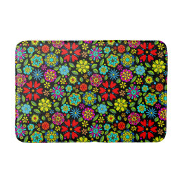Neon Colors On Black Retro Floral Seamless Pattern Badmat
