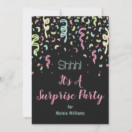 Neon Confetti Surprise Birthday Party Invitation Kaart