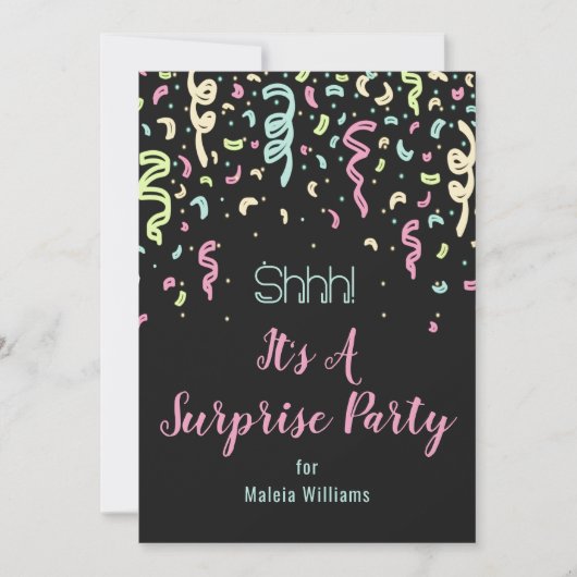 Neon Confetti Surprise Birthday Party Invitation Kaart (Voorkant)