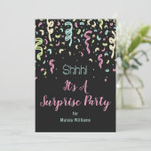 Neon Confetti Surprise Birthday Party Invitation Kaart (Staand voorkant)