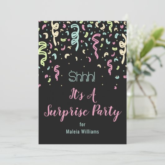 Neon Confetti Surprise Birthday Party Invitation Kaart (Staand voorkant)