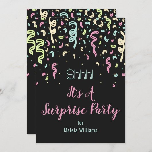Neon Confetti Surprise Birthday Party Invitation Kaart (Voorkant / Achterkant)