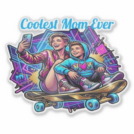 Neon Coolste Moeder & Zoon Synthwave Sticker (Voorkant)