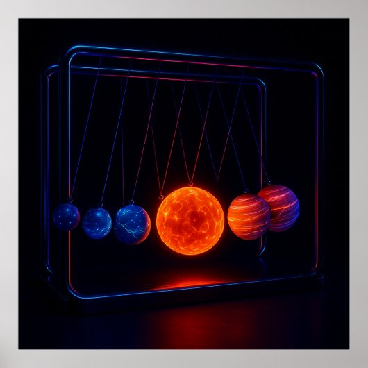 Neon Cosmic Cradle – Futuristic Planet Balance Art Poster (Voorkant)