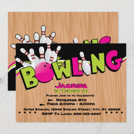 Neon, Cosmo Bowling Birthday Uitnodigingen (Voorkant / Achterkant)