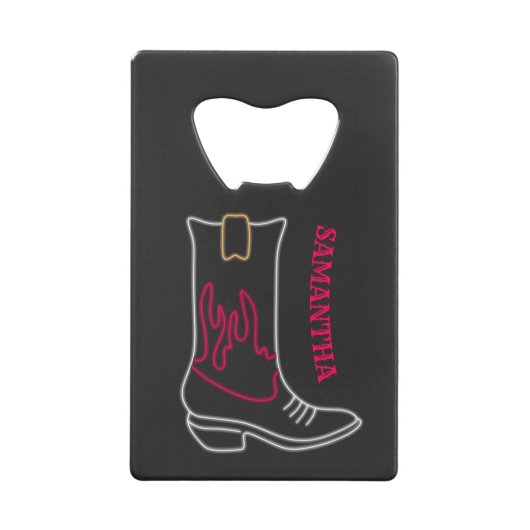 Neon Cowboy Boot naam Creditkaart Flessenopener (Voorkant)