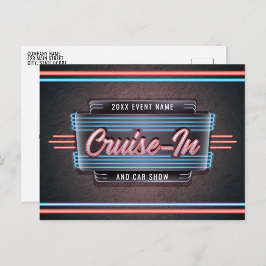 Neon Cruise-in-Briefkaart uitnodiging (Voorkant / Achterkant)