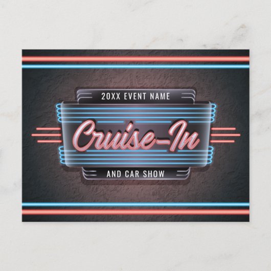 Neon Cruise-in-Briefkaart uitnodiging (Voorkant)