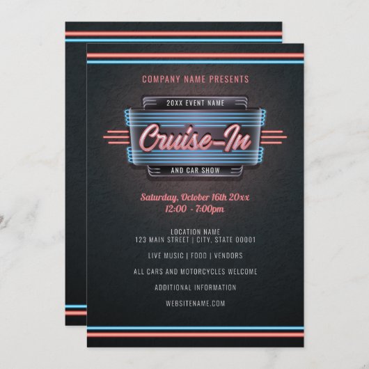 Neon Cruise-in-uitnodiging Kaart (Voorkant / Achterkant)