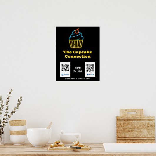 Neon Cupcake Scan om QR-code te betalen Teken Poster (Keuken)