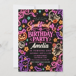 Neon Cute Ghost Halloween Girl Birthday Party Kaart