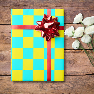 Neon Cyaan Gele Geruite Schaakbord Vintage Cadeaupapier