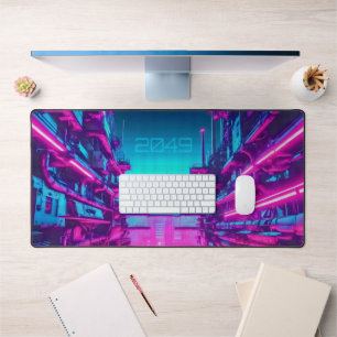 Neon Cyaan Magenta Cyberpunk Stadslandschap Gamer Bureaumat