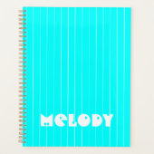 Neon cyaan wit dunne verticale gestreepte naam planner (Voorkant)