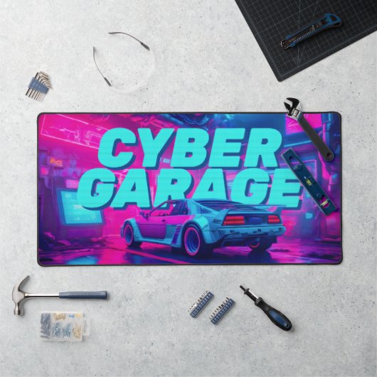 Neon Cyan Magenta Cyberpunk Garage Retro Car Bureaumat (Werkstation)