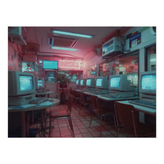 Neon Cyber Café met Retro Monitoren Perfect Poster (Voorkant)