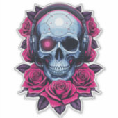 Neon Cyber Death Skull en Rozen Sticker (Voorkant)
