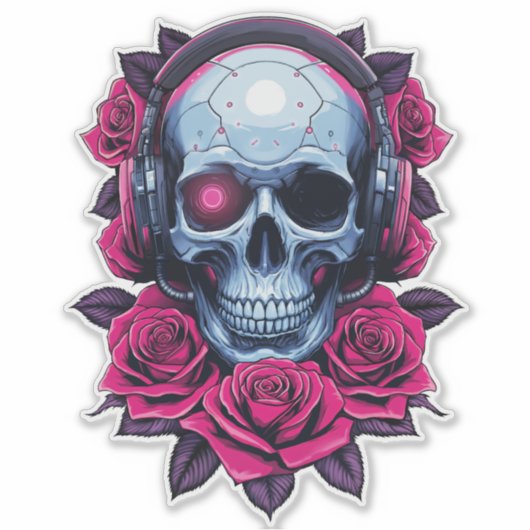 Neon Cyber Death Skull en Rozen Sticker (Voorkant)