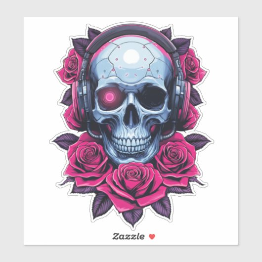 Neon Cyber Death Skull en Rozen Sticker (Vel)