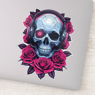 Neon Cyber Death Skull en Rozen Sticker