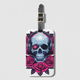 Neon Cyber Death Skull en Rozen Wit Bagagelabel
