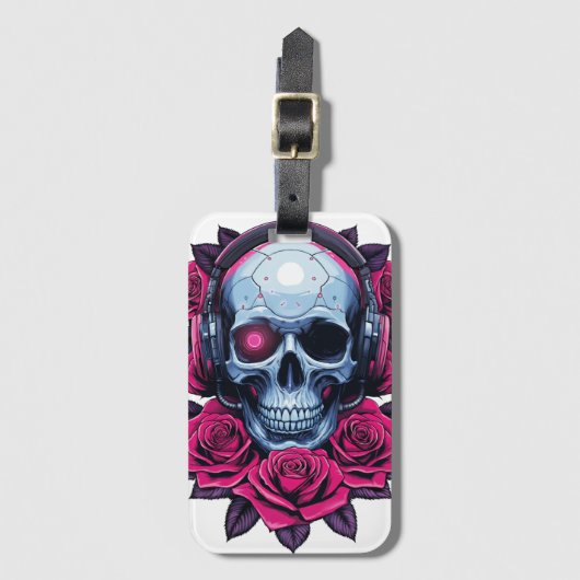 Neon Cyber Death Skull en Rozen Wit Bagagelabel (Voorkant (verticaal))